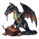 Emerald-scaled dragon with partially unfurled wings guards a treasure chest overflowing with gems and coins, a drop of blood falling from its open maw.