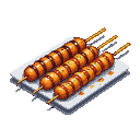 Three grilled skewers with dark glaze and green herbs on a white plate.