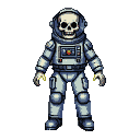A skeleton in a retro-futuristic spacesuit stands against a black background.