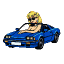 Glamorous blonde woman with voluminous hair and large sunglasses, leaning against a vibrant blue convertible.