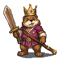 Regal beaver wearing a golden crown and purple tunic, holding a wooden sword aloft.