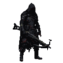 Cloaked and hooded figure with a crossbow, red eyes visible, pixelated armor, dark fantasy hunter.