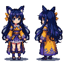 Anime girl with blue-black hair, expressive eyes, purple and yellow outfit with butterfly accents, and cat ears.