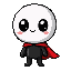 A stick-figure character with a round white head, black dot eyes, pink blush marks, and a small red cape.