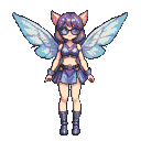 Whimsical sci-fi pixie with iridescent wings, round glasses, purple cat-ear hair, and a shimmering blue outfit.