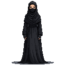 A full-body, front-facing figure in a black niqab and abaya stands against a black background, with only their eyes visible.