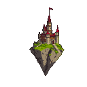 A tan castle with red-tiled roofs and turrets, topped by a red flag, sits atop a rugged, levitating island. A winding path leads to the castle entrance, bordered by green grass and moss.