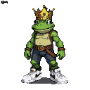 Anthropomorphic frog wearing a golden crown, tan sleeveless shirt, brown belt, dark denim shorts, and white sneakers.