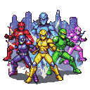 Five colorful, armored rangers in dynamic action poses stand against a futuristic city backdrop.