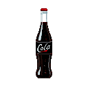 A solitary bottle of cola soda with white "Cola" lettering and a red cap against a black background.