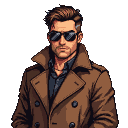 A detective with dark sunglasses and a brown trench coat.