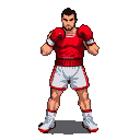 A determined boxer in a red tank top and white shorts with red trim stands ready, fists raised defensively, with an intense forward gaze.
