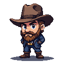 Rugged pixelated cowboy with a brown hat, blue eyes, and a thick beard, wearing a dark blue jacket, light blue shirt, belt with a golden buckle, and brown boots.