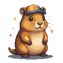 A capybara wearing an orange and blue baseball cap, surrounded by glowing orange orbs.