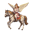 A winged figure with a golden crown and auburn hair sits on a white horse with its legs in a striding motion.