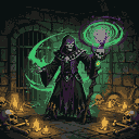Skeletal necromancer in tattered purple and black robes, holding a staff topped with a skull, casting green ethereal energy in a dark stone dungeon lit by candles, with bones and skulls scattered on the floor.