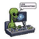 Wide-eyed green alien broadcasting live from a console with a swirling galaxy on the monitor.