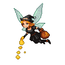 Mischievous pixie in a witch's hat and black outfit, with translucent wings, spills shimmering gold coins from a jack-o'-lantern sack while flying.