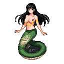 Snake demoness with long black hair, serene expression, and a coiled green serpent's lower body. She wears a golden necklace and armbands.