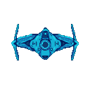 Sleek, blue alien spacecraft with light cyan glowing accents, seen from above.