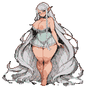 Voluptuous elf woman with long white hair, starry eyes, wearing a pastel mint green frilly one-piece outfit, with a shy yet inviting expression.