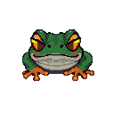 A vibrant green frog with glowing amber eyes, mouth open in a silent croak, in a front-facing, crouched pose.