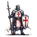 A Templar knight in gleaming plate armor, white tunic with a red cross, holding a lance and shield with a red cross emblem.