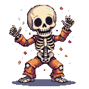 Skeletal dancer in tattered orange clothes with wide, dark eye sockets and a toothy grin, surrounded by scattered embers against a black background.