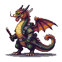 Green and yellow armored dragon with red and orange wing accents, holding a staff and sheathed sword.