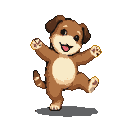 Jubilant puppy mid-dance with legs extended and bent, arms flung wide, paws outstretched, and mouth open in a happy pant with tongue peeking out.