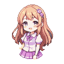 Anime girl with peachy-blonde hair and purple flowers, wearing a white blouse with puffy sleeves and a lavender bow tie, and a lavender pleated skirt. Her large purple eyes gaze forward with a gentle, surprised expression.