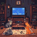 Two cats, one gray and one orange, watch a television screen in a cozy, cluttered gaming room.