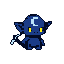 A small, dark blue goblin with bright yellow eyes and a glowing pale blue crescent moon emblem on its forehead, with a thin, segmented tail tipped in white.
