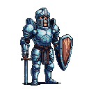 Skeleton knight in gleaming silver armor holding a wooden shield and a sheathed longsword.
