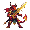 A fire demon with crimson scales and golden armor wields a glowing serrated sword. Its serpentine tail has a wisp of flame.