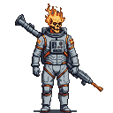 Spaceman with a flaming skeletal head, wearing a grey suit with orange piping, holding a rifle and carrying a rocket launcher.