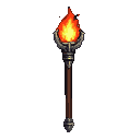A fantasy torch with a detailed, metallic head and textured wooden shaft, emitting a bright orange and yellow flame against a black background.