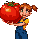 Young girl with auburn pigtails and blue eyes, wearing a yellow shirt and blue overalls, proudly holds a large red tomato.