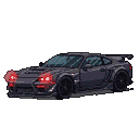 Menacing dark gray sports car with glowing red headlights and a large rear spoiler.