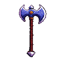A double-headed axe with metallic blue axe heads featuring scale-like patterns and a glowing amber gem. The haft is dark red and textured, tapering to a crystalline pommel.