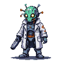 Menacing biomechanical plague doctor with glowing orange eyes, wearing a stained white lab coat over dark metallic body, holding a futuristic weapon.