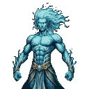 Humanoid figure made of swirling ice and water, with frozen wave-like hair and icy tendrils. Wears an ornate belt and flowing blue garments with golden trim.