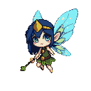 A pixie with large blue eyes and dark blue hair, wearing a green tunic with gold accents and a golden tiara. She has translucent light blue and green wings and holds an ornate staff.