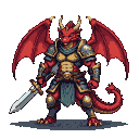 Bipedal dragon warrior in ornate golden armor, gripping a silver sword, with scarlet wings spread wide.