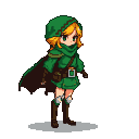 Young adventurer with golden hair, wearing a green tunic and hooded cloak, leather boots, bracers, and a satchel.