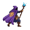 Robed figure with face hidden by a hood, holding a glowing blue orb on a staff aloft.
