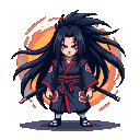 Chibi character with dark spiky hair and glowing red eyes, wearing a dark blue kimono with red trim and obi, holding two sheathed katanas. A circular flame-like aura of red, orange, and yellow surrounds the character.