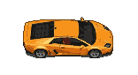 Top-down view of a pixelated orange Lamborghini with dark tinted windows against a black background.