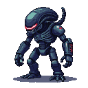 Menacing robotic xenomorph with a ribbed head, glowing red visor, exposed mechanical chest, and clawed digits.