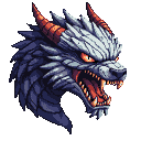 Fierce dragon head in profile, mouth open in a roar, with sharp teeth and fiery orange tongue. Piercing orange eyes convey aggression. Scales are deep blue and gray, with vibrant red and orange horns and mouth accents. Stark black background.